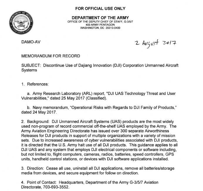 美軍禁用 DJI 無人機相關設備，主因疑似有"網路漏洞" rumored-USARL-no-dji-memo