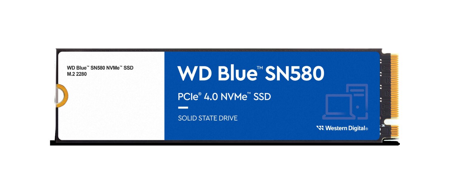 WD 推出藍標 SN580 NVMe SSD (250 GB~2 TB) 【新聞圖片一】Western-Digital-推出全新-WD-Blue-SN580-NVMe-SSD，此款-NVMe-PCIe-Gen-4.0-內接快閃記憶體專為熱愛創作者和專業人士打造，是升級現有-PC-或自組電腦的最佳方案。-1500x639